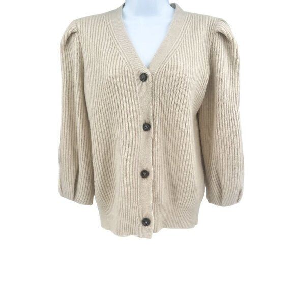 G. Label by GOOP Foster Ribbed Puff Sleeve Cardigan Sweater Ivory Merino Wool - Picture 4 of 11